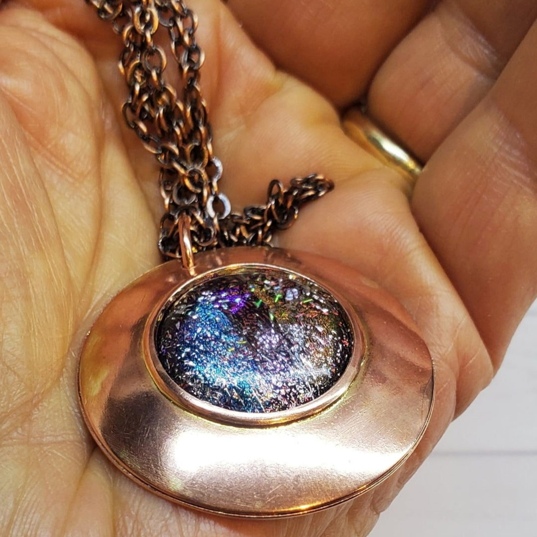 Copper Flower Galaxy Dichroic Glass Spinner Necklace