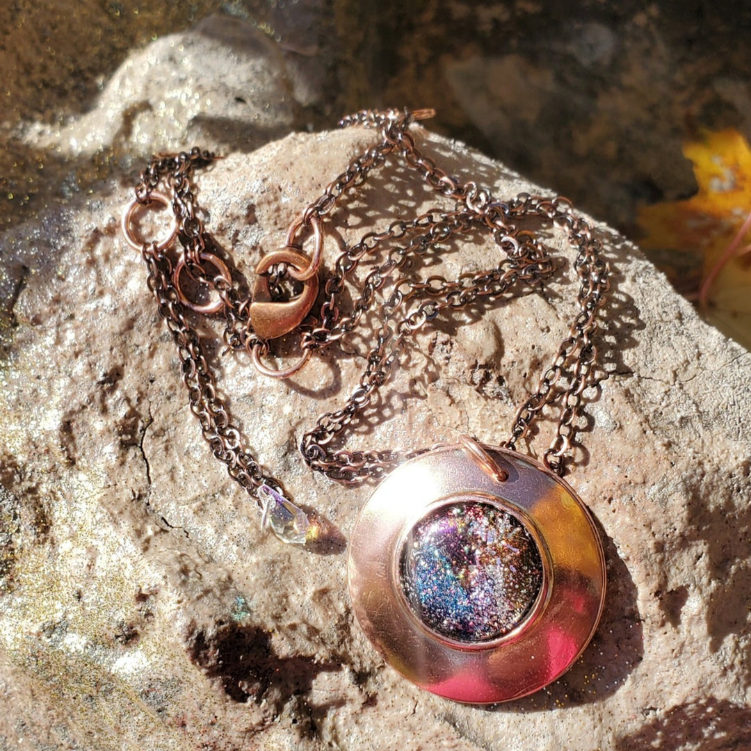 Copper Flower Galaxy Dichroic Glass Spinner Necklace