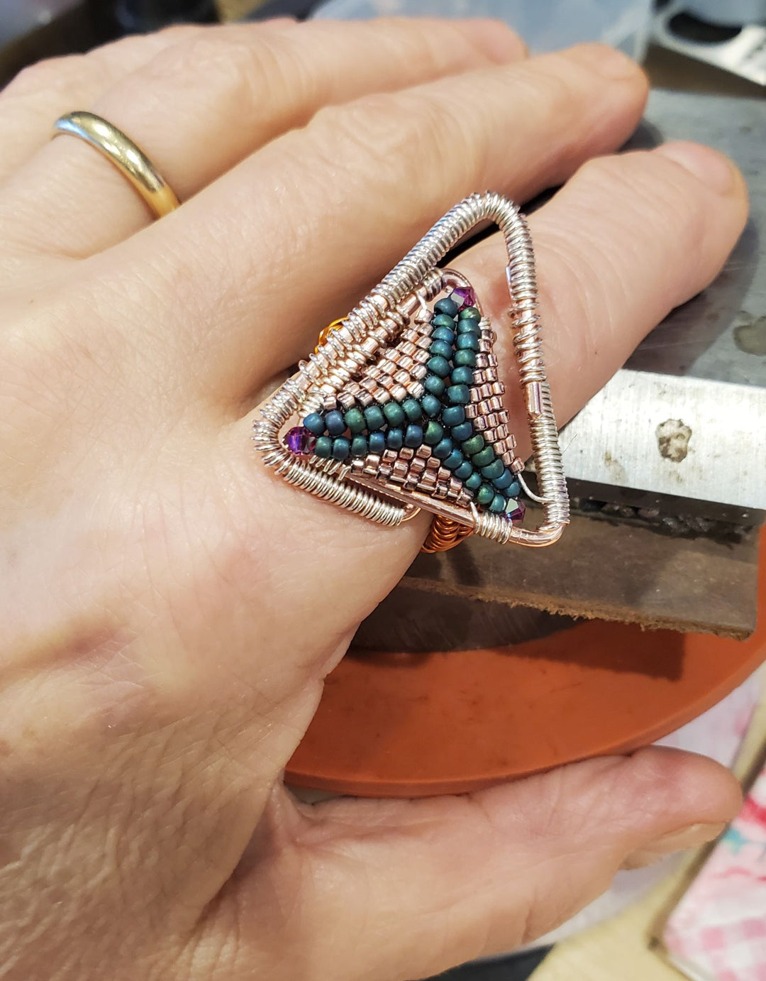 AMD1262Abstract Asymmetric Triangle Copper Silver Beaded RingRingsRing$ 76.00Alexa Martha Designs