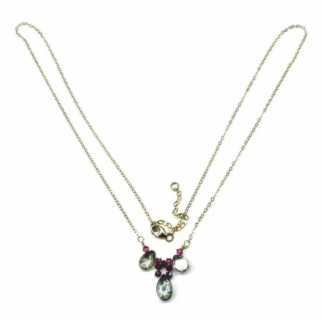 Adjustable Gold Filled Wire Wrapped Gemstone Necklace featuring mystic rainbow quartz drops and fuchsia Swarovski crystals.