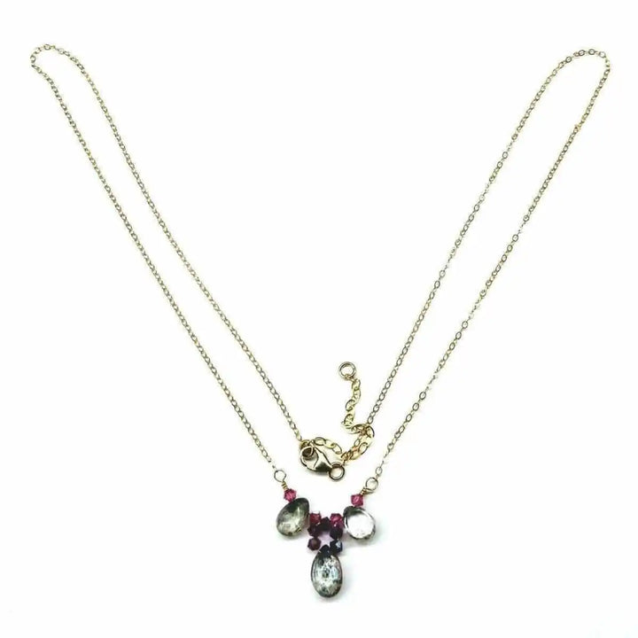 Adjustable Gold Filled Wire Wrapped Gemstone Necklace featuring mystic rainbow quartz drops and fuchsia Swarovski crystals.