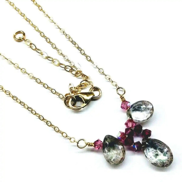 Adjustable Gold Filled Wire Wrapped Gemstone Necklace featuring mystic rainbow quartz drops and fuchsia Swarovski crystals.