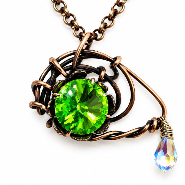 Wire Sculpted Green Eye Crystal Teardrop Necklace
