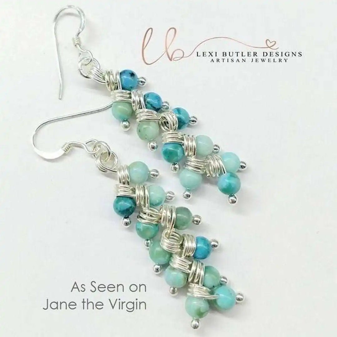 Seen On Jane The Virgin Silver Turquoise Wire Coil Earrings with artisan design and colorful beads.