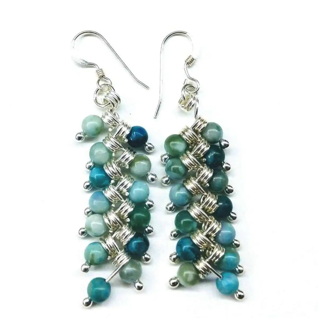 Seen On Jane The Virgin Silver Turquoise Wire Coil Earrings with beautiful blue and green beads and silver wire