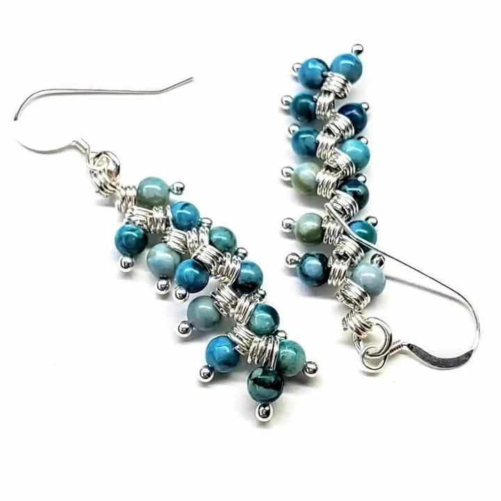 Seen On Jane The Virgin Silver Turquoise Wire Coil Earrings with blue and green beads on silver wire.