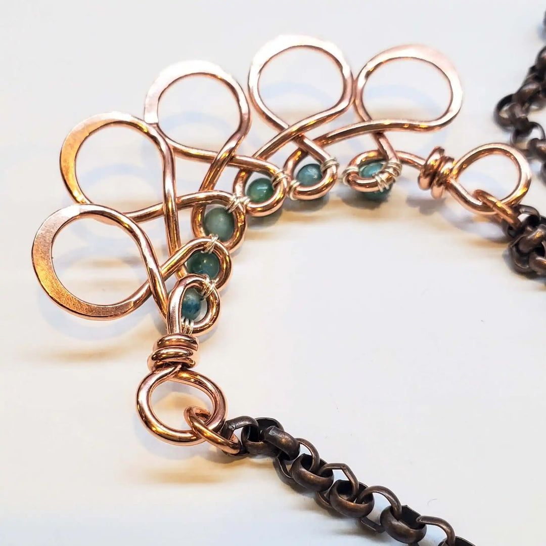 Seen on Ashley Liao Copper Turquoise Wire Wrapped Necklace close-up of intricate design and wire wrapping details.