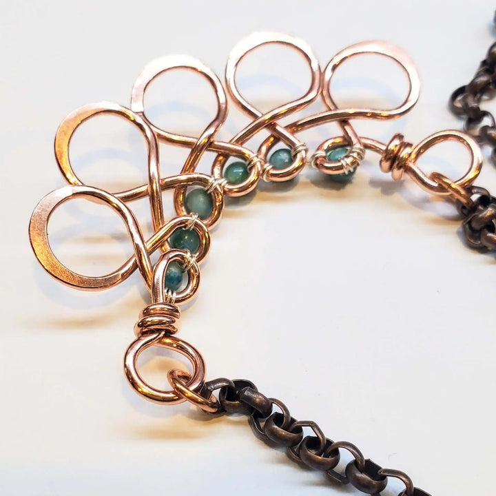 Seen on Ashley Liao Copper Turquoise Wire Wrapped Necklace close-up of intricate design and wire wrapping details.