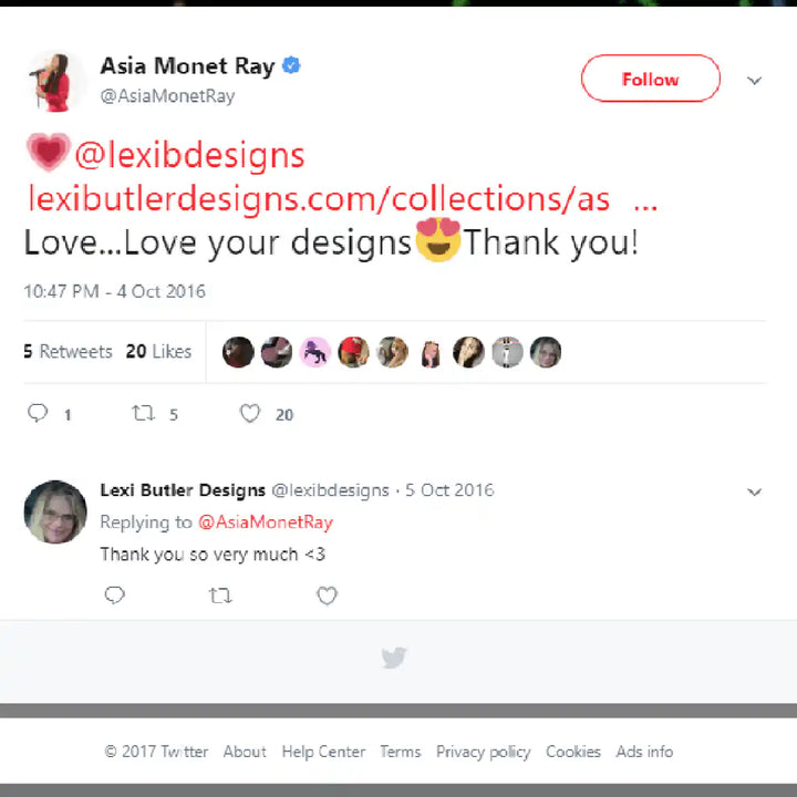 Tweet from Asia Monet Ray expressing love for Lexi Butler Designs with an engagement of 5 retweets and 20 likes.