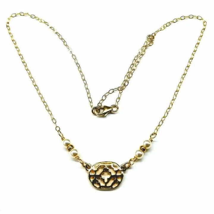 As Seen on Molly Ringwald Gold Filled Pearl Choker Necklace showcasing elegant gold chain and pearl accents.