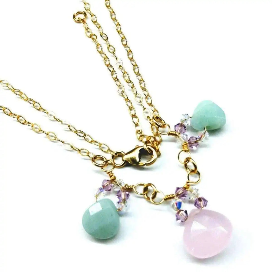 Gold Filled Light Pink and Mint Chalcedony Chain Necklace featuring rose chalcedony and mint green amazonite drops.