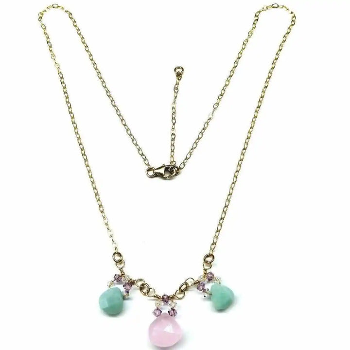 Gold Filled Light Pink and Mint Chalcedony Chain Necklace with rose chalcedony and mint green drops.