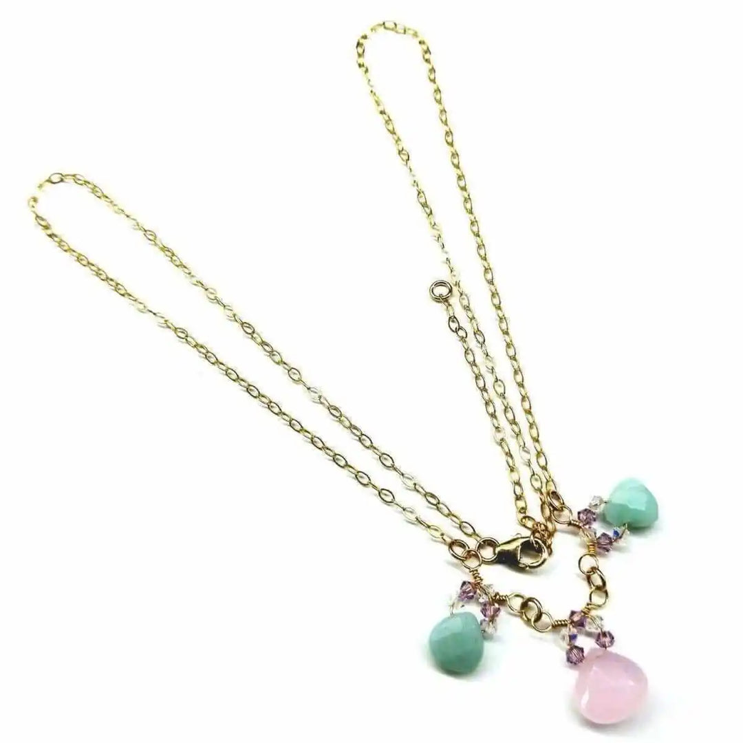 Gold Filled Light Pink and Mint Chalcedony Chain Necklace featuring pink and mint briolette drops with Swarovski crystals.