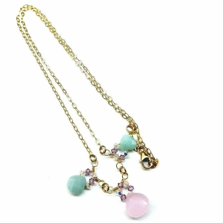 Gold Filled Light Pink and Mint Chalcedony Chain Necklace featuring rose chalcedony and mint amazonite drops.