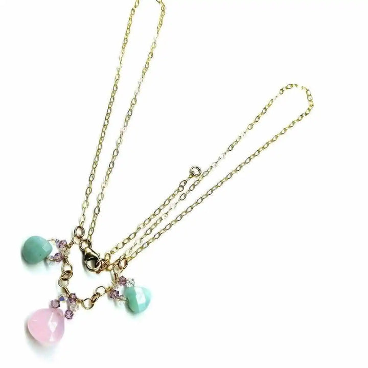 Gold Filled Light Pink and Mint Chalcedony Chain Necklace featuring rose chalcedony and amazonite briolette drops.
