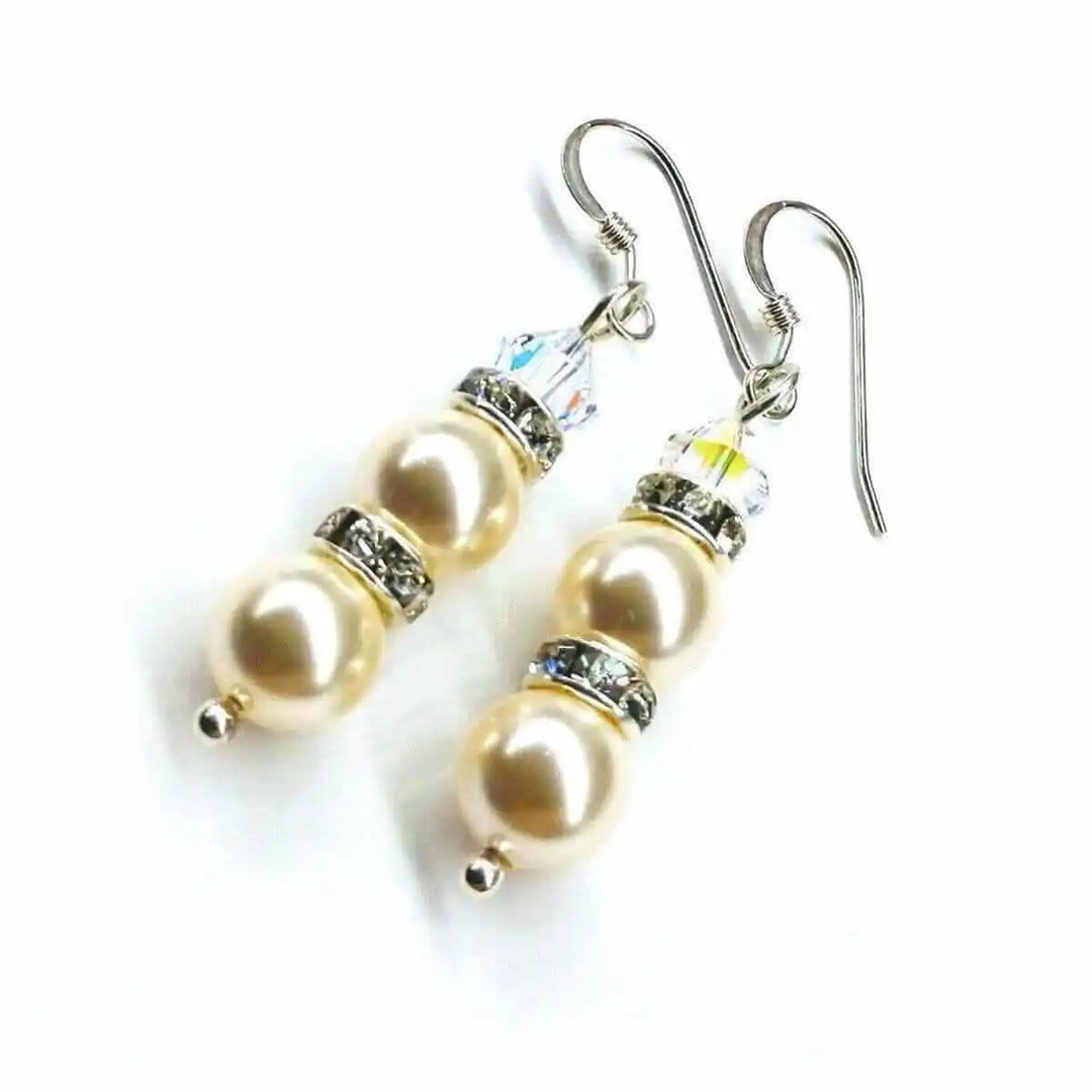 Bridal Sterling Silver Stacked Crystal and Pearl Earrings showcasing elegant Swarovski crystal pearls and stacked design.