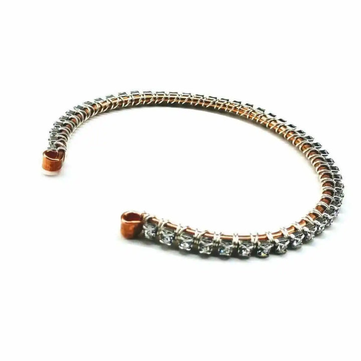 Catch-Free Crystal Rhinestone Tennis Bracelet Bangle featuring Swarovski-quality crystals on a hammered copper bangle.
