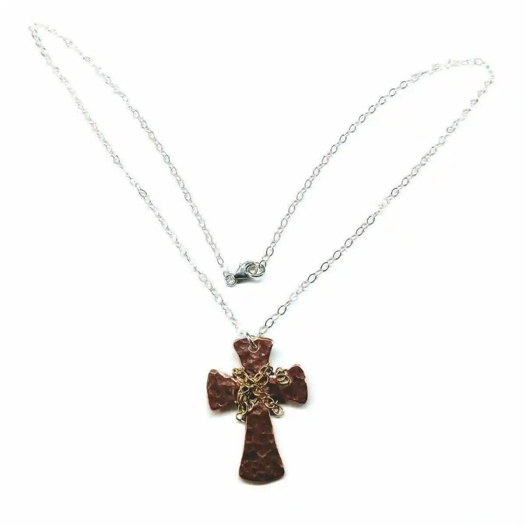 Chained Hammered Copper Cross Necklace For Him Or Her featuring a hand-hammered copper cross with chain.
