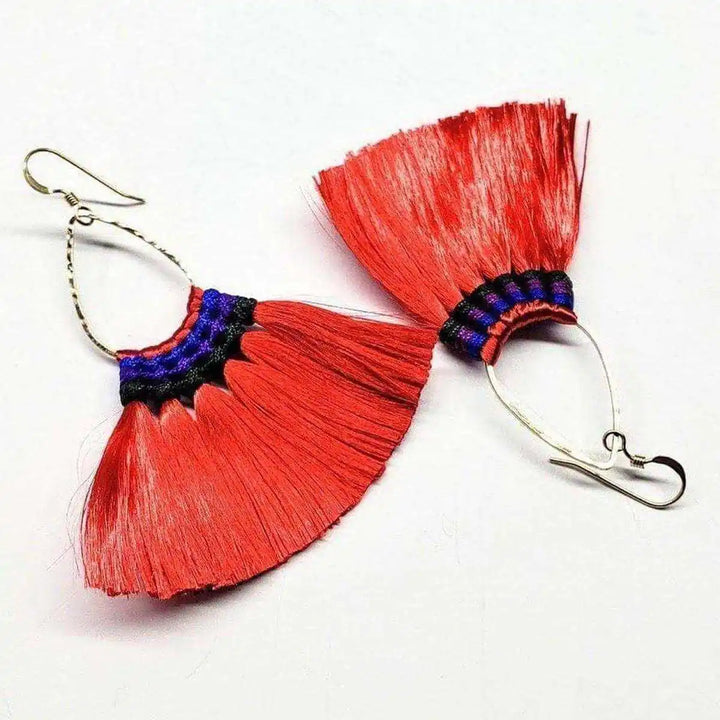 Handmade Hawaii Hula Skirt Rayon Silk Tassel Hoop Earrings showcasing vibrant red tassels on hoop designs.