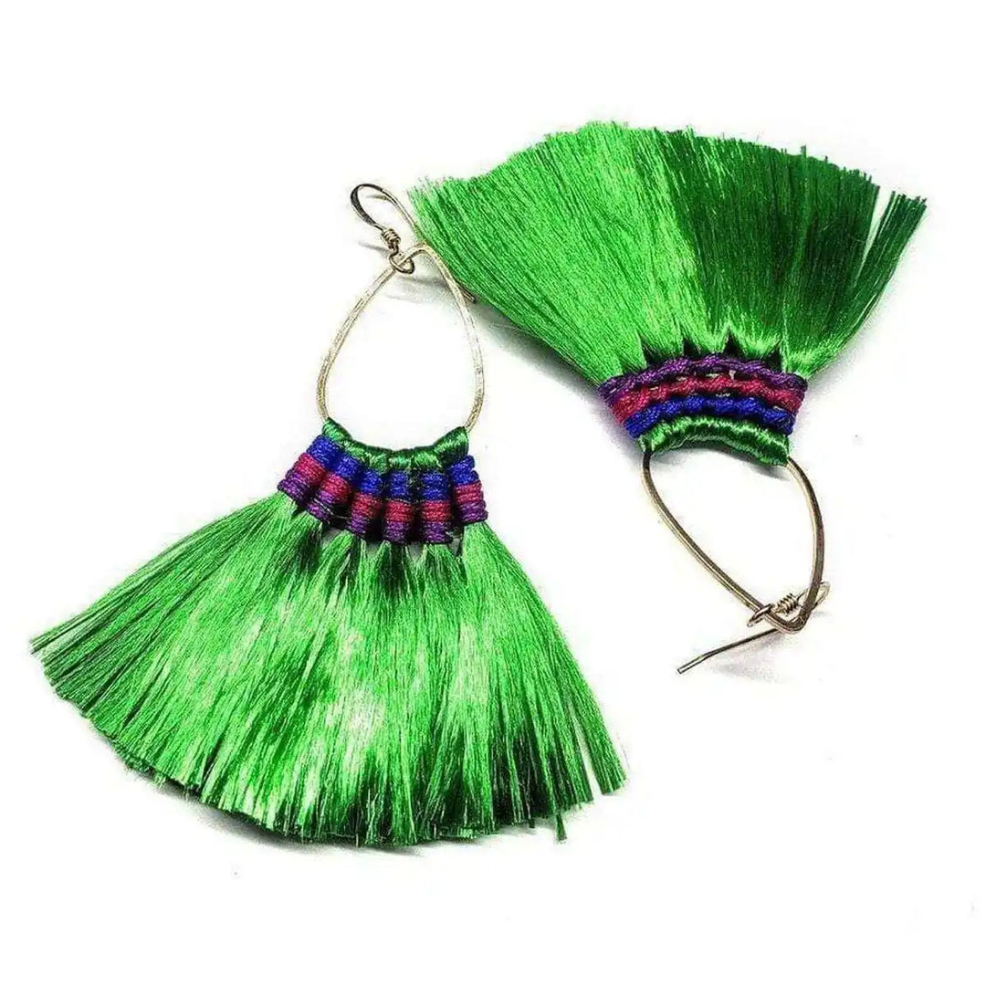 Handmade Hawaii Hula Skirt Rayon Silk Tassel Hoop Earrings in vibrant green and purple colors.
