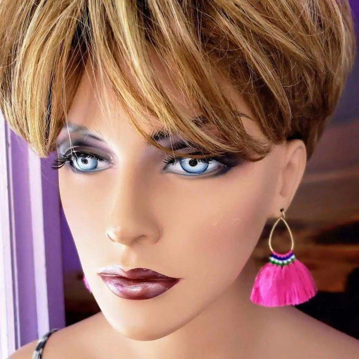 Handmade Hawaii Hula Skirt Rayon Silk Tassel Hoop Earrings worn by a mannequin with short hair and a pink tassel earring.