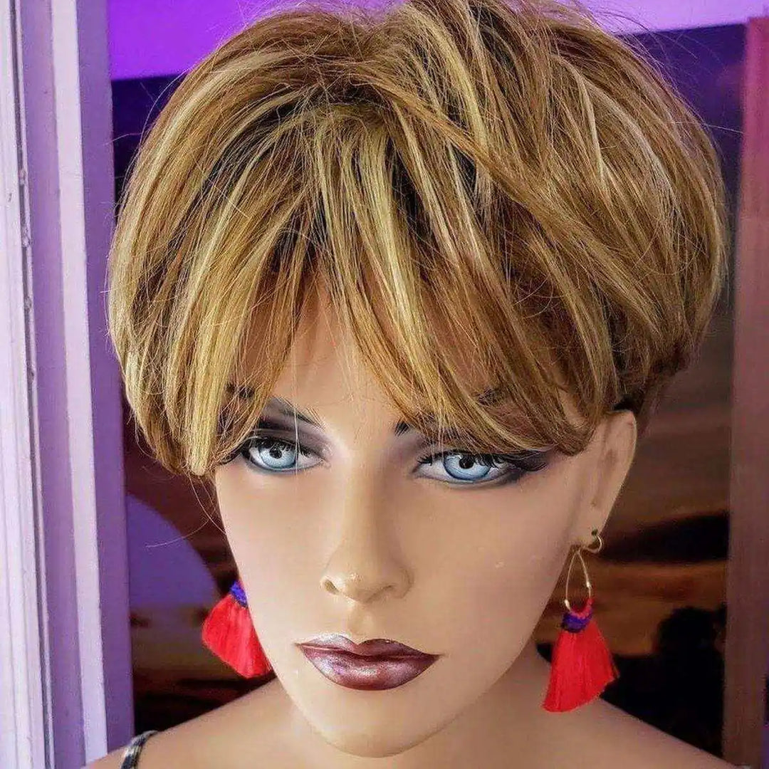 Handmade Hawaii Hula Skirt Rayon Silk Tassel Hoop Earrings worn by mannequin with short blonde hairstyle.