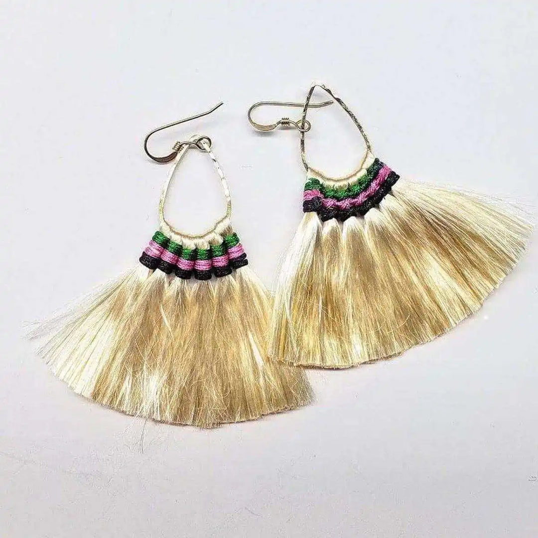 Handmade Hawaii Hula Skirt Rayon Silk Tassel Hoop Earrings featuring colorful silk tassels and hoop design.