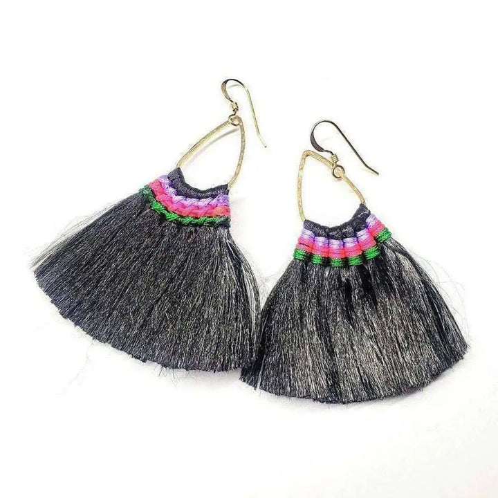 Handmade Hawaii Hula Skirt Rayon Silk Tassel Hoop Earrings with colorful tassels in a unique hoop design.