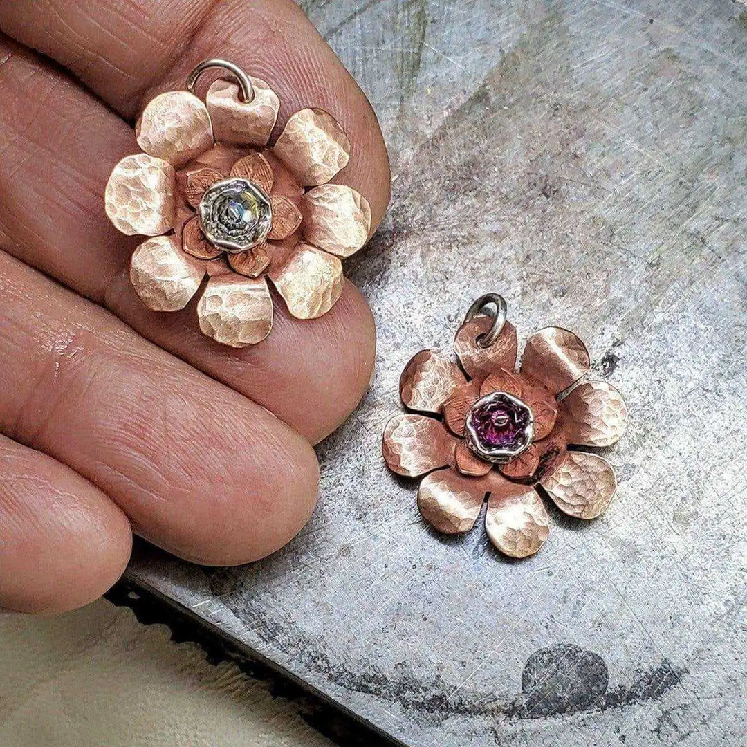 Copper Crystal Flower Blossom Fidget Spinner Necklace featuring unique handmade hammered flower design.