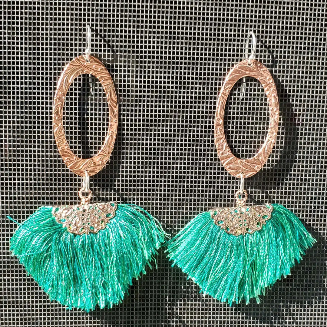 Rose Gold Filigree Silk Tassel Earrings Copper Embossed with vibrant green silk tassels and copper embossed oval components.