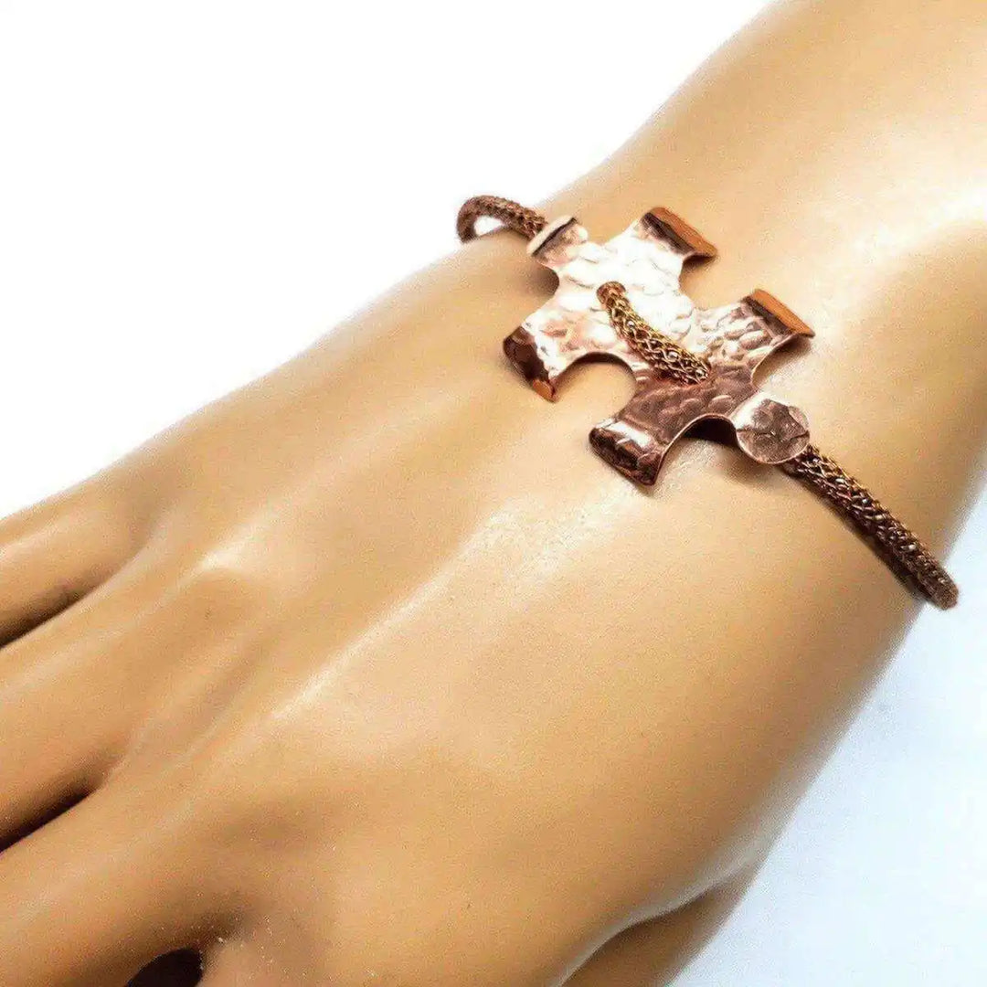 Copper Puzzle Piece Button Viking Knit Autism Awareness Bracelet - Alexa Martha Designs