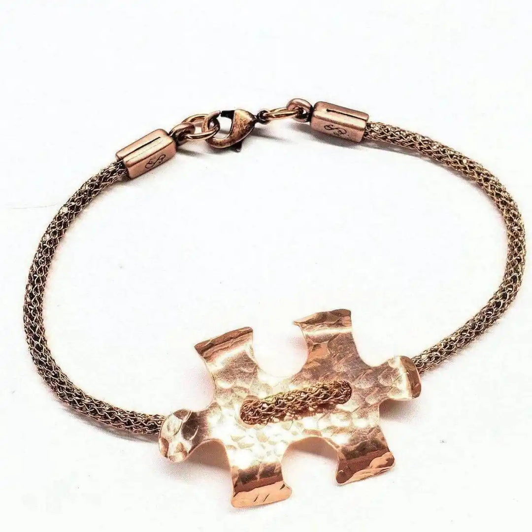 Copper Puzzle Piece Button Viking Knit Autism Awareness Bracelet - Alexa Martha Designs