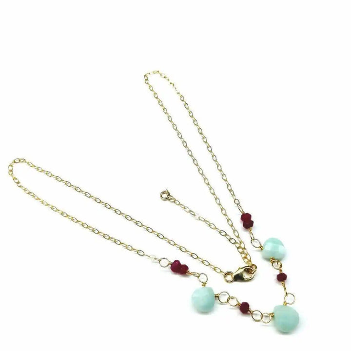 Dainty Gold Chain Mint and Hot Pink Gemstone Necklace featuring mint amazonite and hot pink chalcedony gemstones.