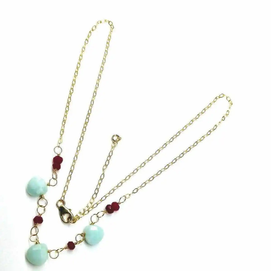 Dainty Gold Chain Mint and Hot Pink Gemstone Necklace with mint and hot pink gemstones