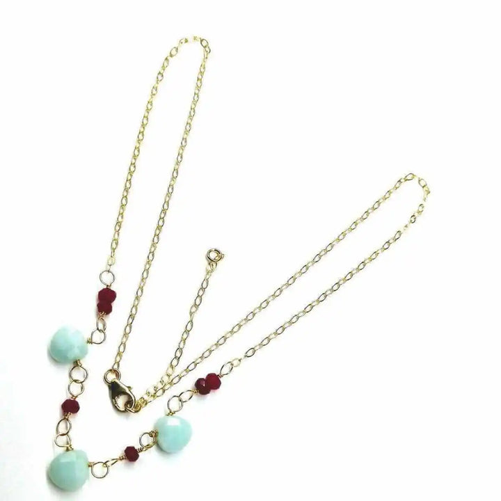 Dainty Gold Chain Mint and Hot Pink Gemstone Necklace with mint and hot pink gemstones