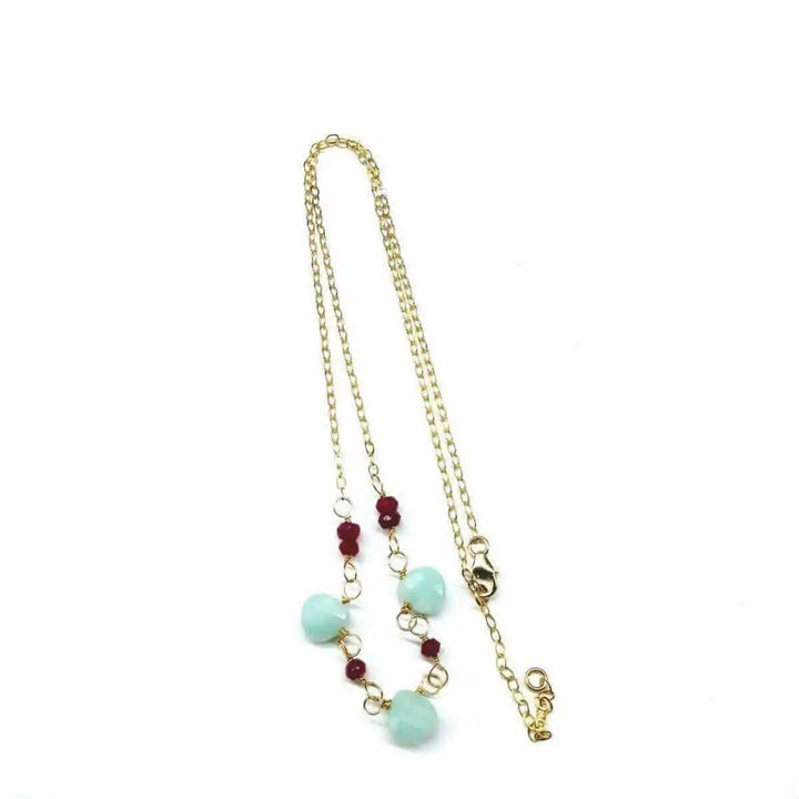 Dainty Gold Chain Mint and Hot Pink Gemstone Necklace featuring mint amazonite and hot pink chalcedony gemstones.