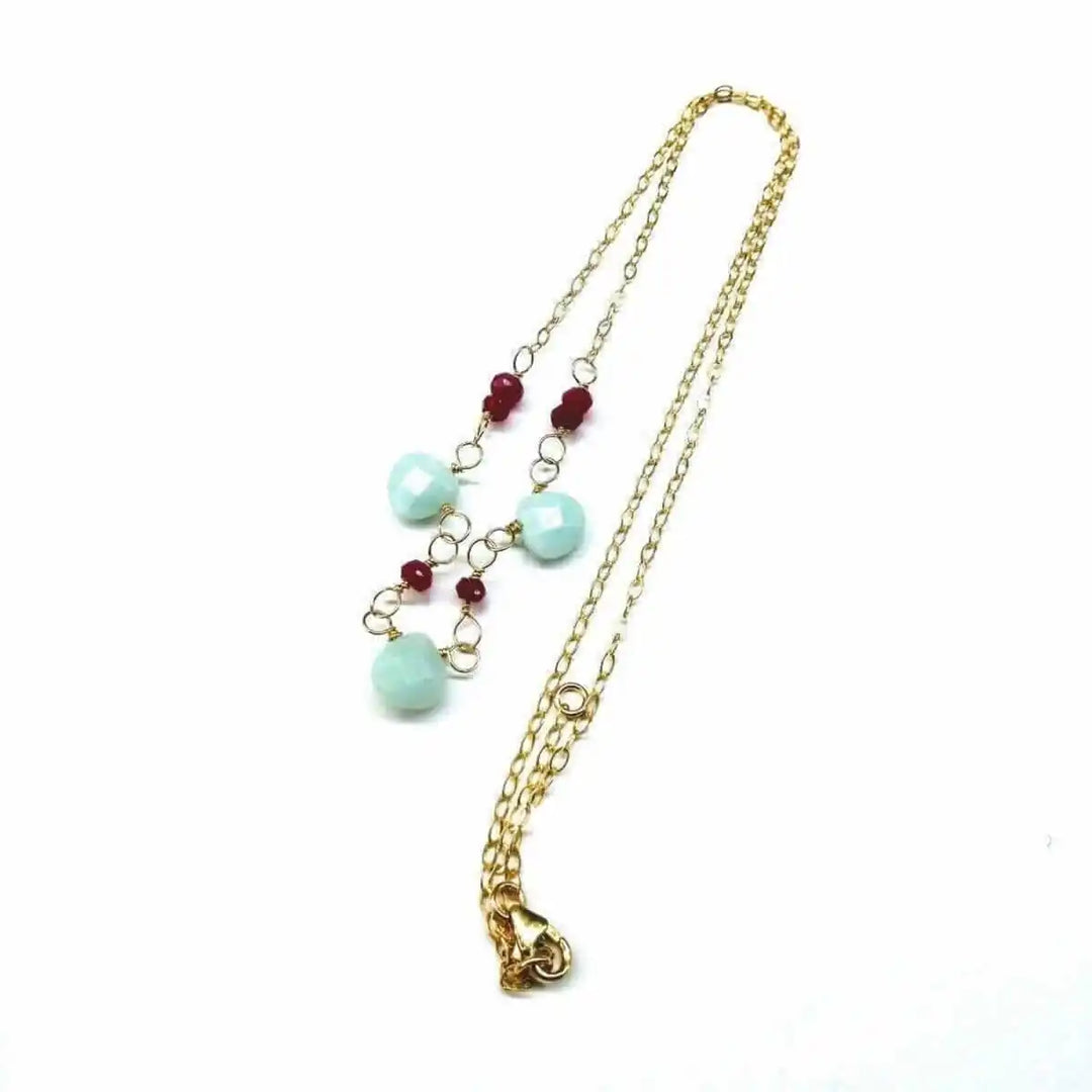 Dainty Gold Chain Mint and Hot Pink Gemstone Necklace featuring mint amazonite and hot pink chalcedony beads.