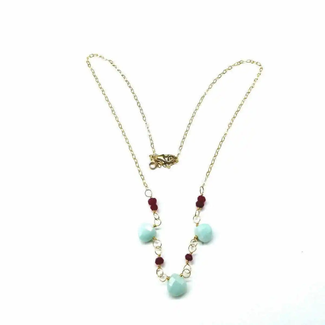Dainty Gold Chain Mint and Hot Pink Gemstone Necklace featuring mint amazonite and hot pink chalcedony gemstones.