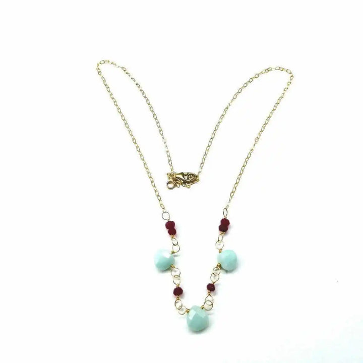 Dainty Gold Chain Mint and Hot Pink Gemstone Necklace featuring mint amazonite and hot pink chalcedony gemstones.