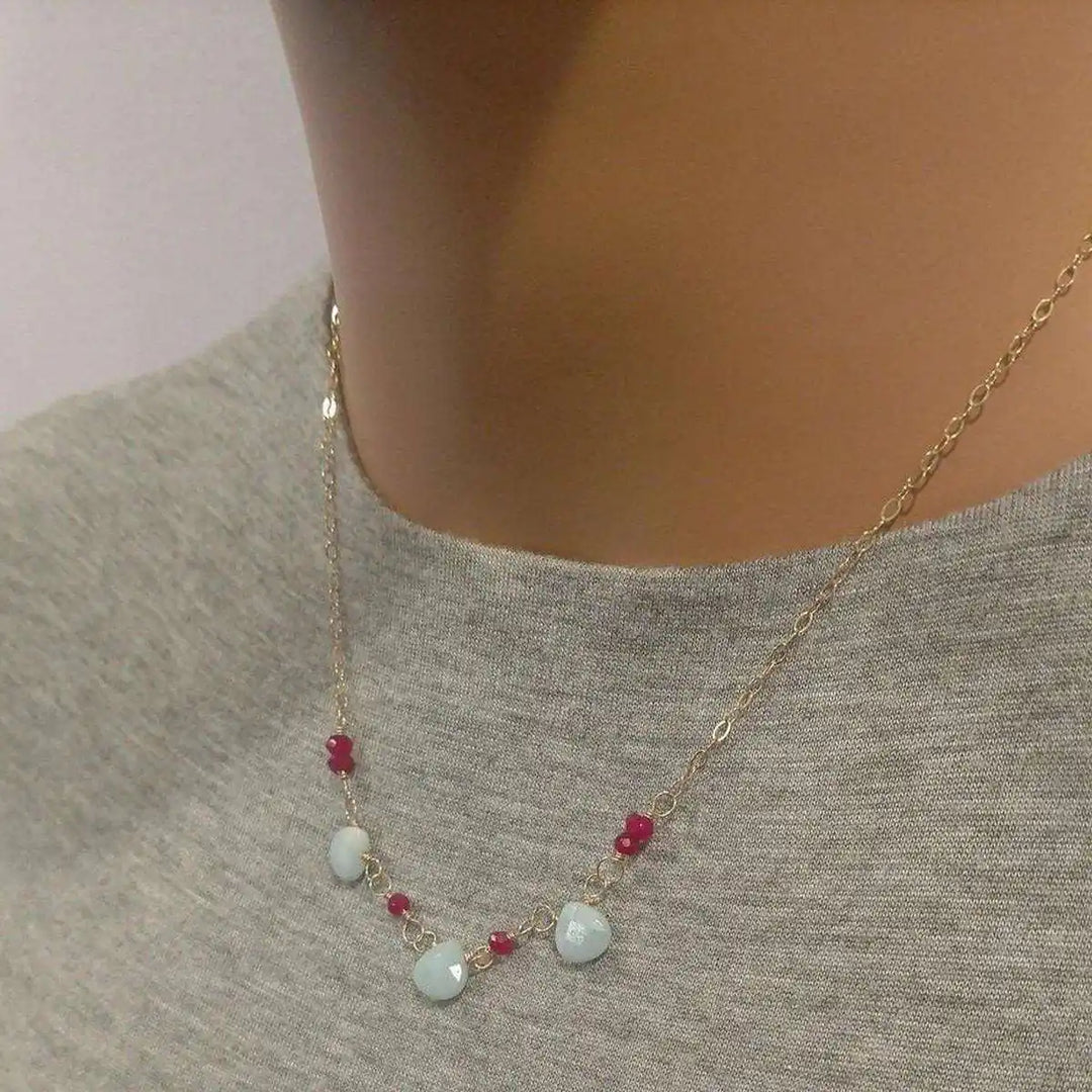 Dainty Gold Chain Mint and Hot Pink Gemstone Necklace featuring mint amazonite and hot pink chalcedony gemstones.