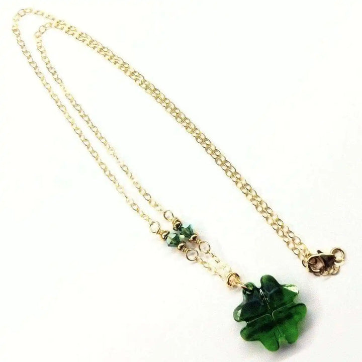 Dark Green Sparkly Crystal Lucky Clover Necklace with Erinite Swarovski Crystal and gold chain.