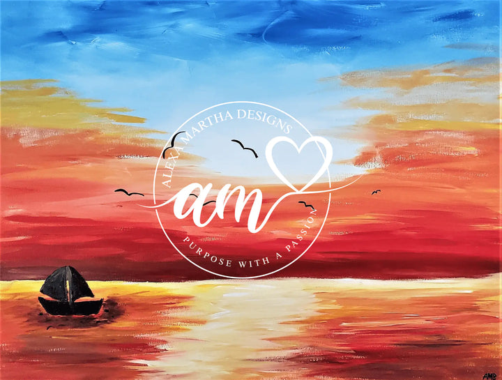 Acrylic Painting Sunset Over The Water Print Download featuring vibrant colors and a serene boat on water.