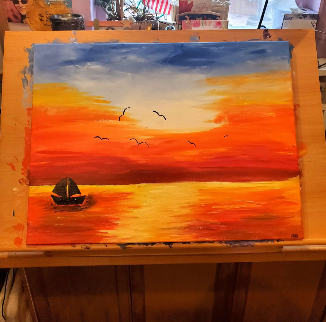 Acrylic Painting Sunset Over The Water Print Download featuring a colorful sunset and a boat on the water.