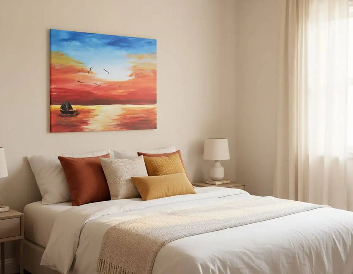 Acrylic Painting Sunset Over The Water Print Download displayed in a cozy bedroom with warm accents.