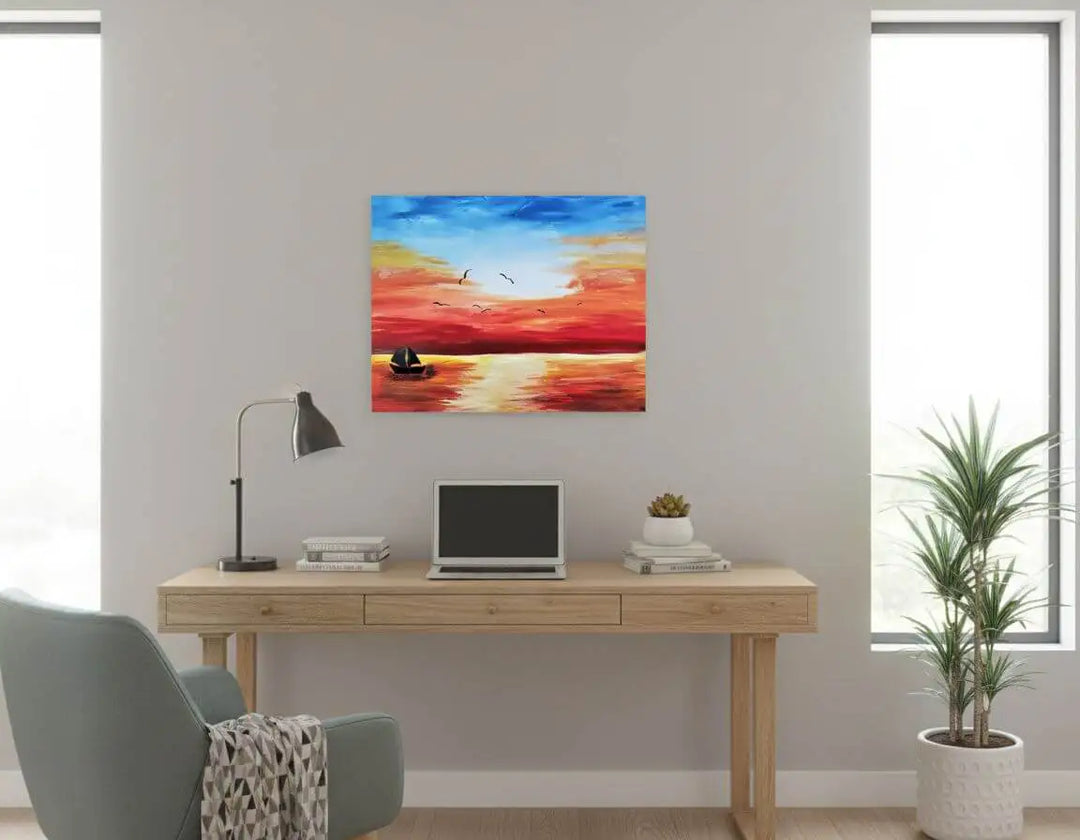 Acrylic Painting Sunset Over The Water Print Download displayed in a modern workspace with a desk and laptop.