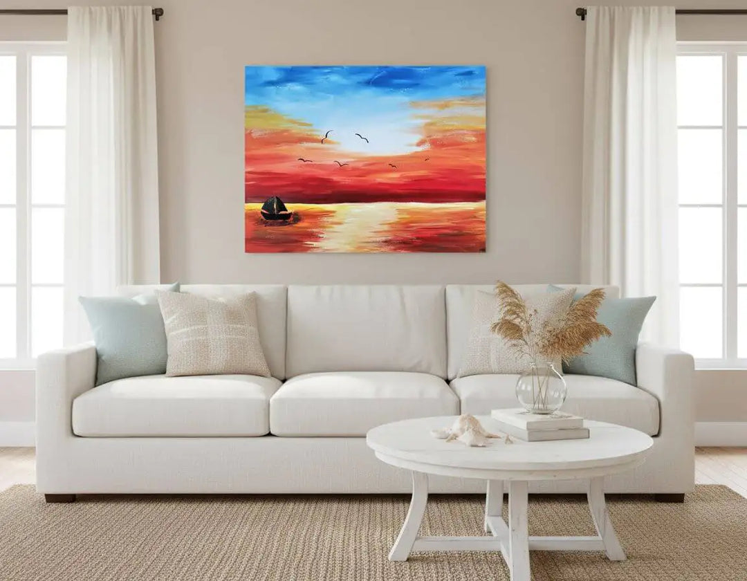 Acrylic Painting Sunset Over The Water Print Download displayed in a cozy living room with white couch and natural decor.