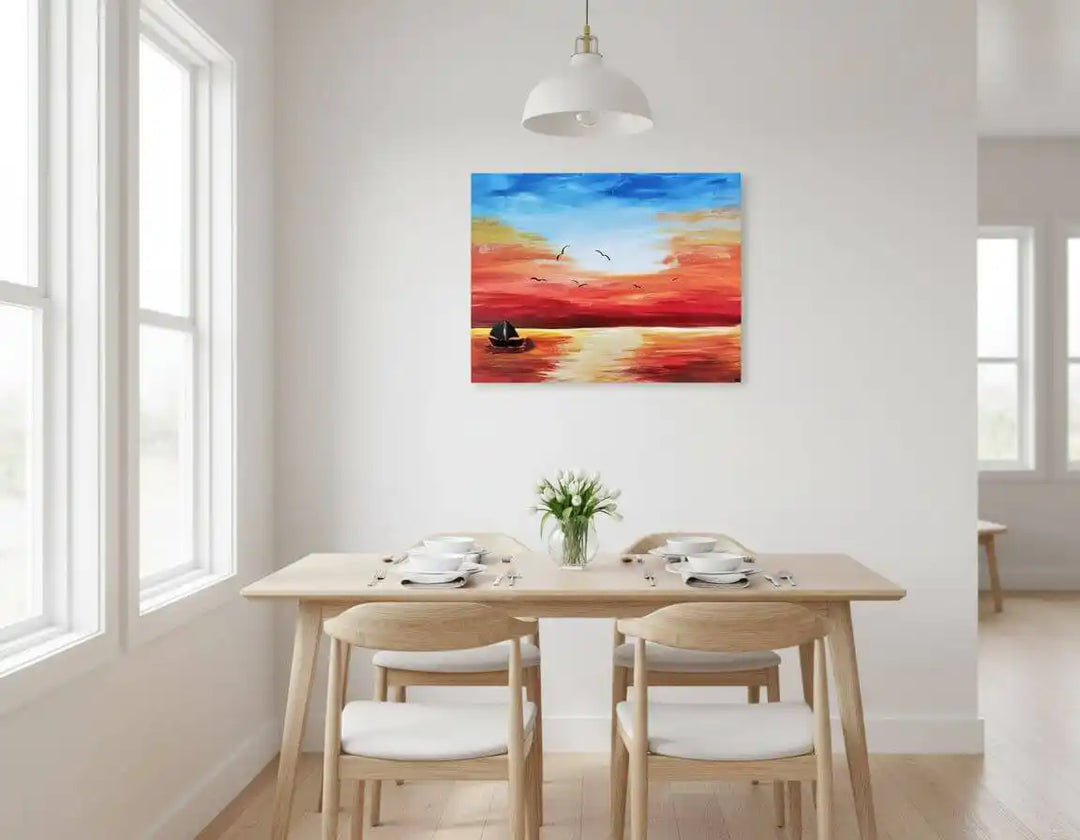 Acrylic Painting Sunset Over The Water Print Download displayed in a stylish dining room.
