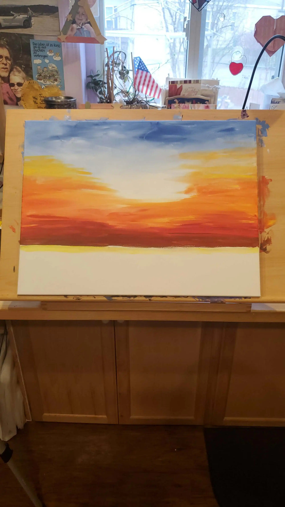 Acrylic Painting Sunset Over The Water Print Download - vibrant sunset scene in warm golds and cool blues on canvas.