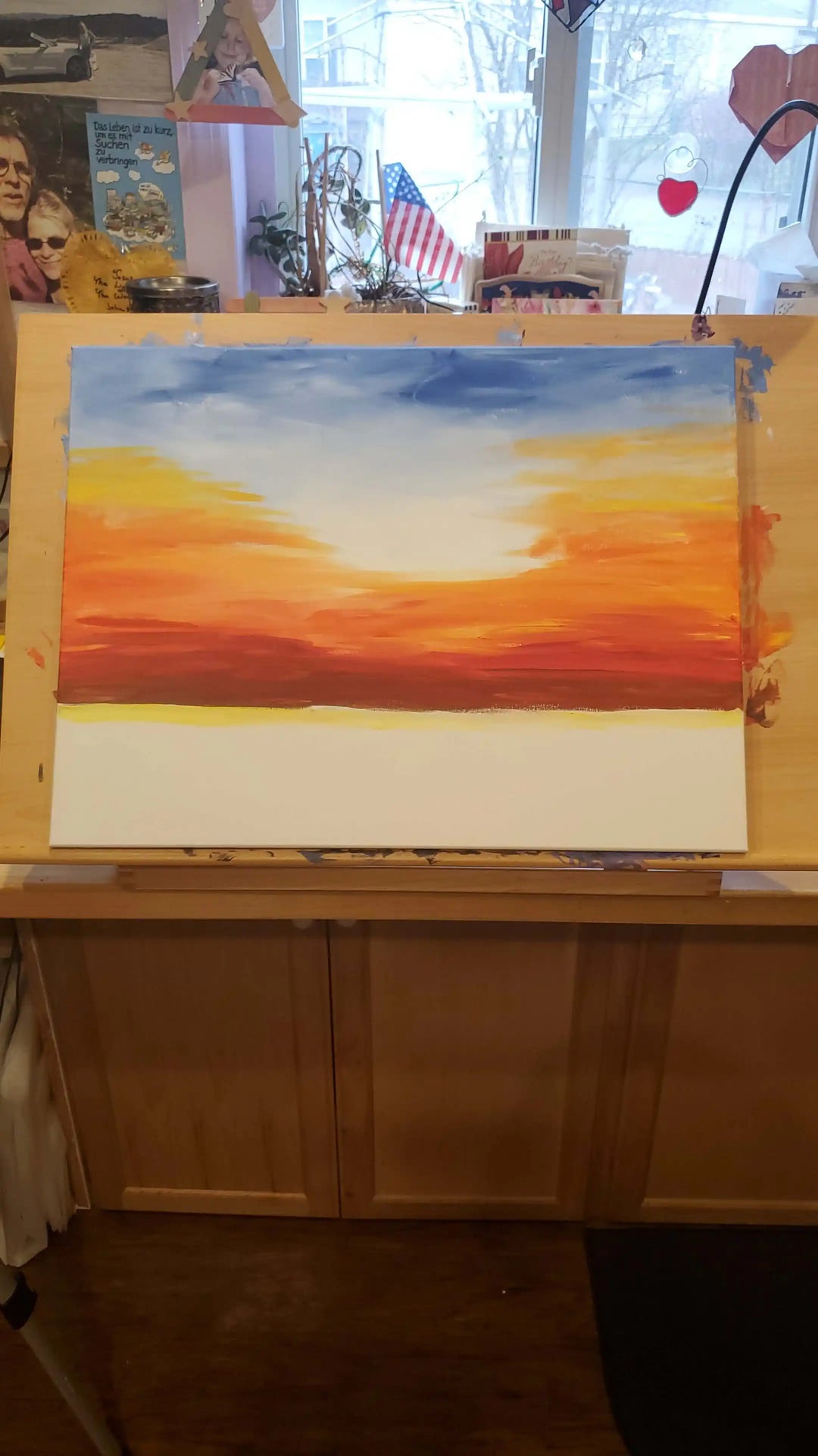 Acrylic Painting Sunset Over The Water Print Download - vibrant sunset scene in warm golds and cool blues on canvas.