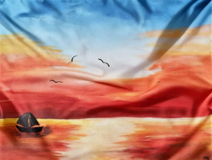 Acrylic Painting Sunset Over The Water Print Download featuring warm hues and a serene boat scene.